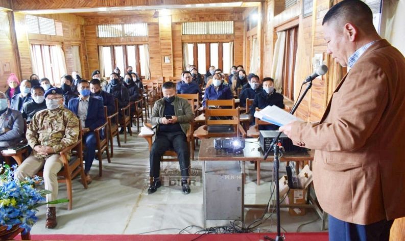 Phek DC & Vice Chairman, Razouvolie Dozo as the chairman addressing the Phek DPDB meeting held at its conference hall on January 18. (DIPR Photo)